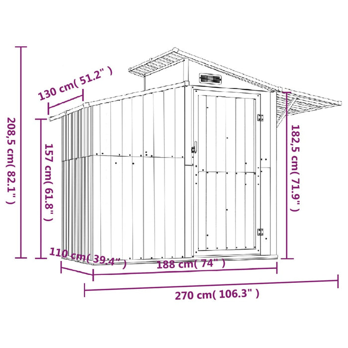 Tuinschuur 270x130x208,5 cm gegalvaniseerd staal grijs