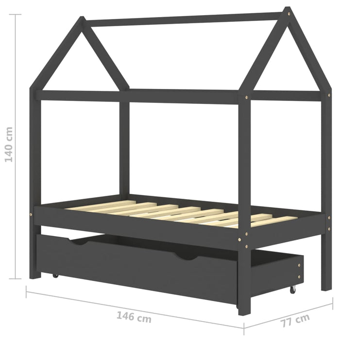 Kinderbedframe met lade grenenhout donkergrijs 70x140 cm