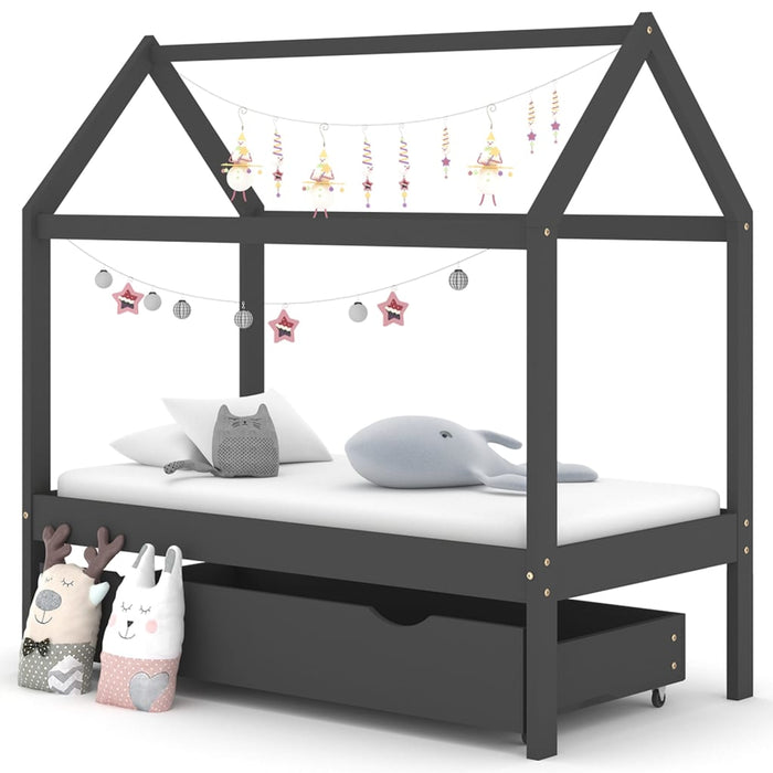 Kinderbedframe met lade grenenhout donkergrijs 70x140 cm