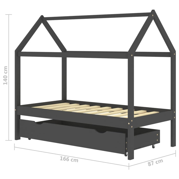 Kinderbedframe met lade grenenhout donkergrijs 80x160 cm