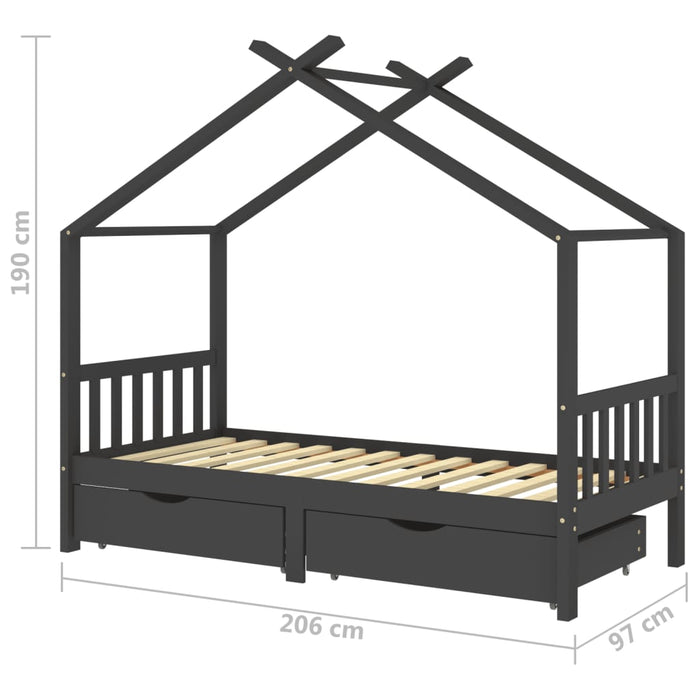 Kinderbedframe met lades grenenhout donkergrijs 90x200 cm