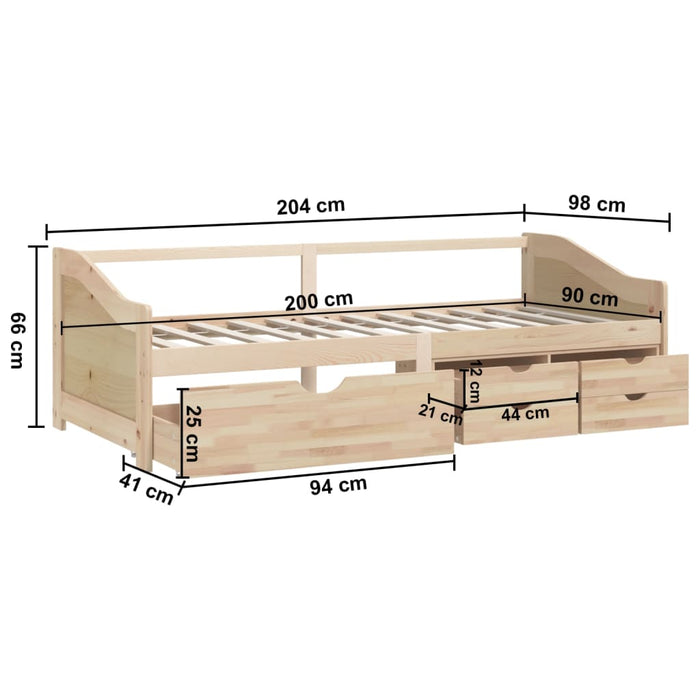 Bedbank 3-zits met lades massief grenenhout 90x200 cm