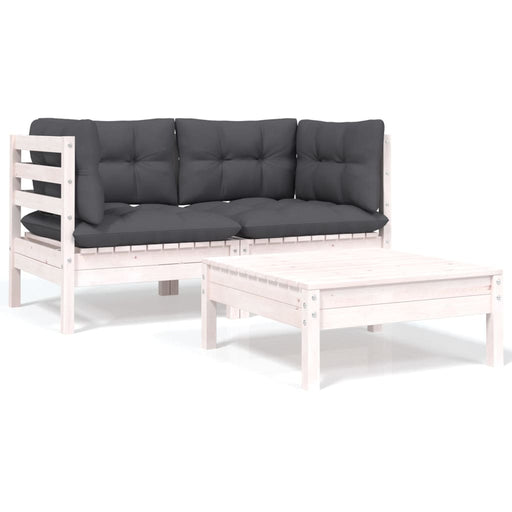 3-delige Loungeset met kussens massief grenenhout wit