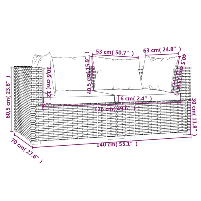 Tuinbank 2-zits met kussens poly rattan grijs