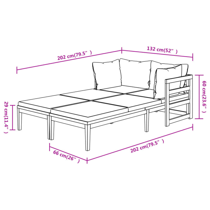 Ligstoelen 2 st met crèmewitte kussens acaciahout