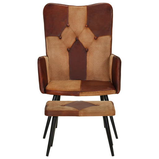 Fauteuil met voetensteun echt leer en canvas bruin