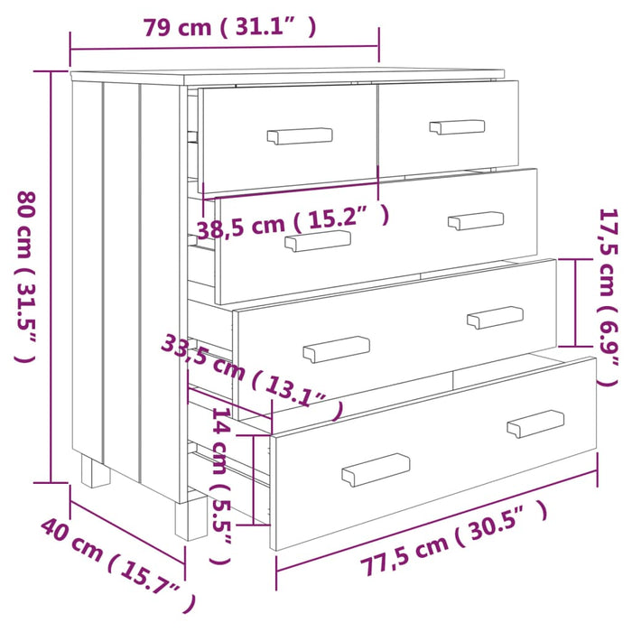 Dressoir HAMAR 79x40x80 cm massief grenenhout lichtgrijs