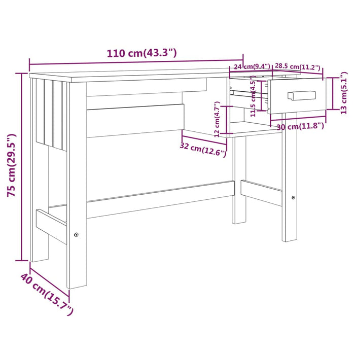 Bureau 110x40x75 cm massief grenenhout donkergrijs