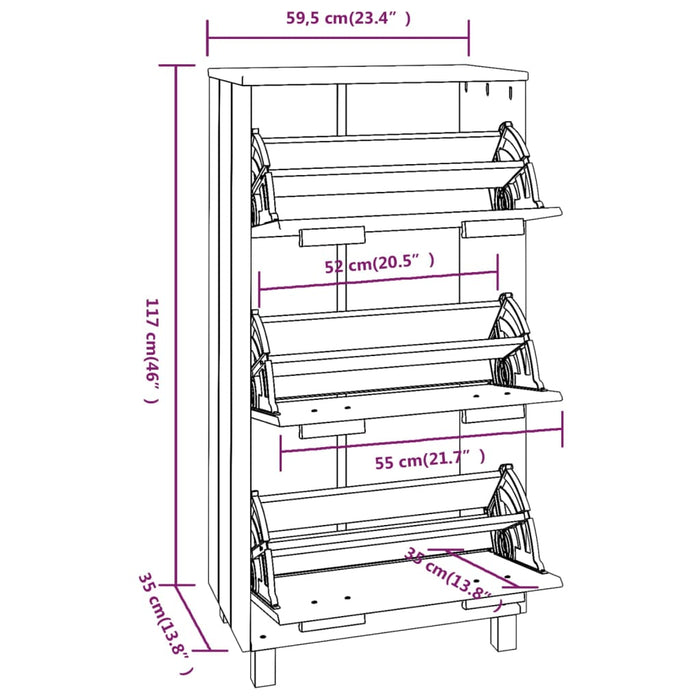 Schoenenkast 59,5x35x117 cm massief grenenhout honingbruin