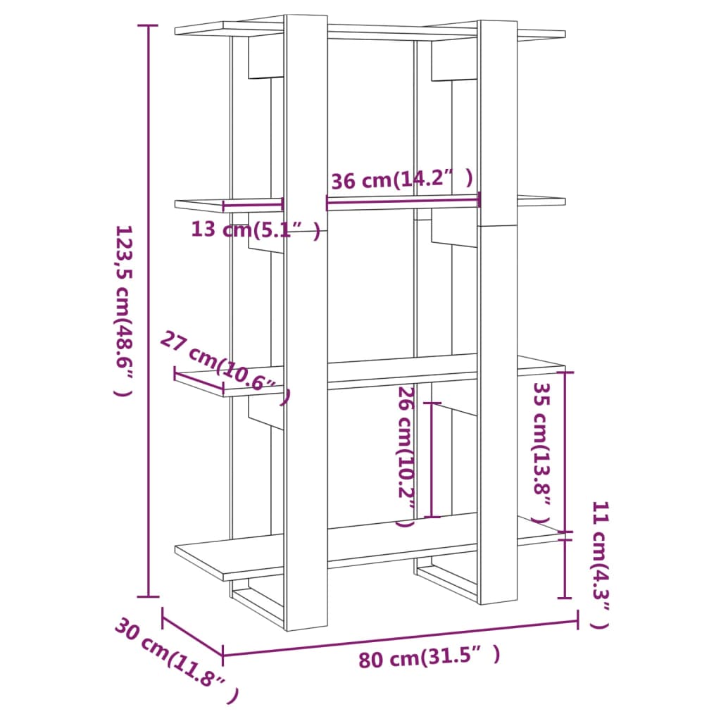 Boekenkast/kamerscherm 80x30x123,5 hoogglans wit