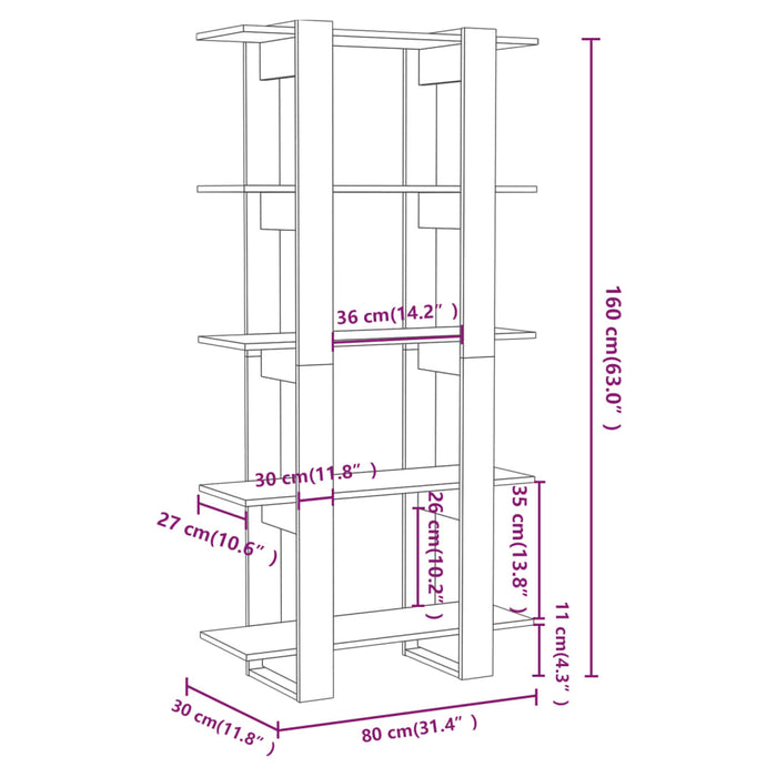 Boekenkast/kamerscherm 80x30x160 cm spaanplaat grijs sonoma