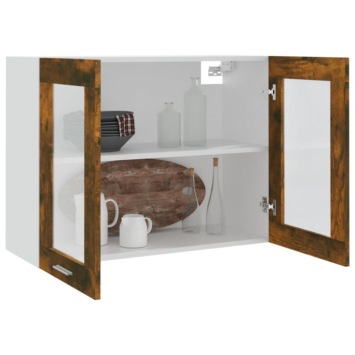 Wandkast hangend 80x31x60 cm glas en bewerkt hout gerookt eiken