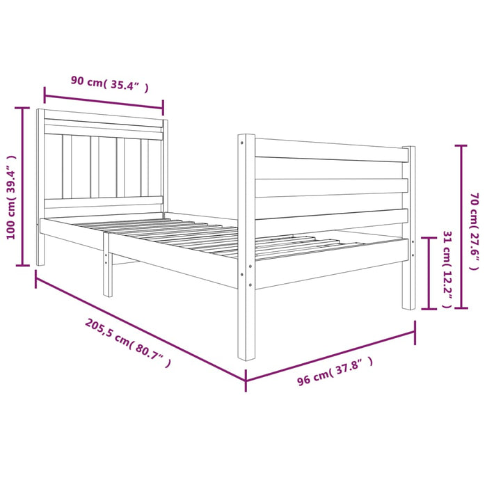 Bedframe massief hout zwart 90x200 cm