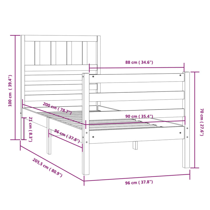 Bedframe massief hout honingbruin 90x200 cm