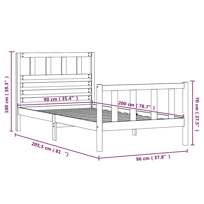 Bedframe massief hout zwart 90x200 cm