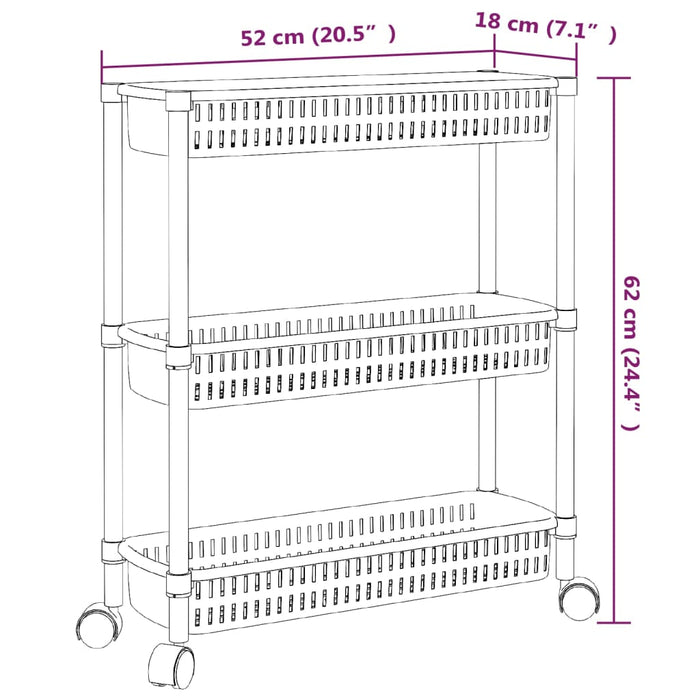 Opbergtrolley 3 laags aluminium zilverkleurig en wit