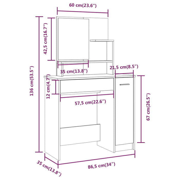 Kaptafel met spiegel 86,5x35x136 cm bruineikenkleurig