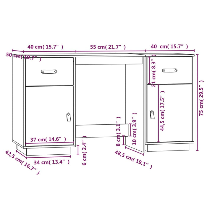 Bureau met kastjes 135x50x75 cm massief grenenhout zwart