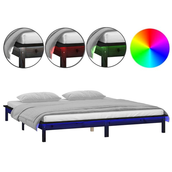 Bedframe LED massief hout zwart 150x200 cm 5FT King Size