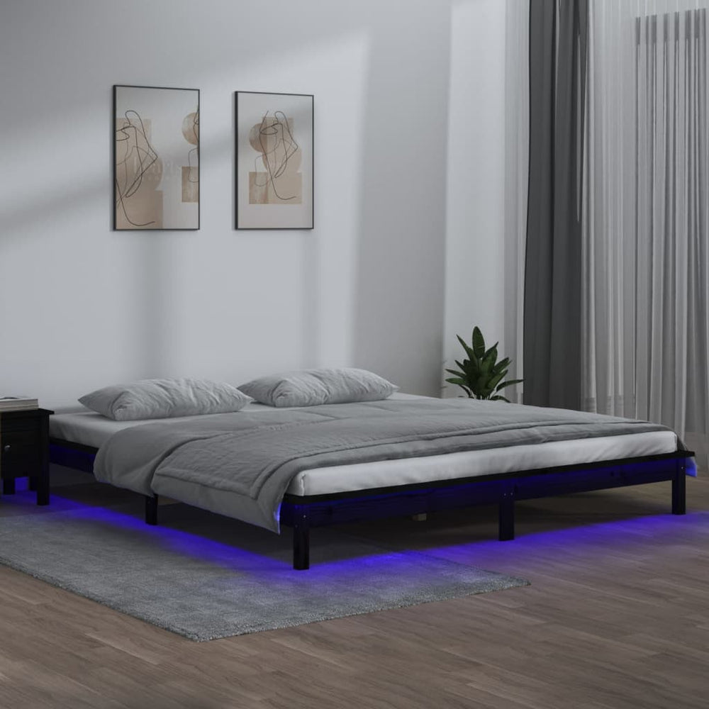 Bedframe LED massief hout zwart 150x200 cm 5FT King Size