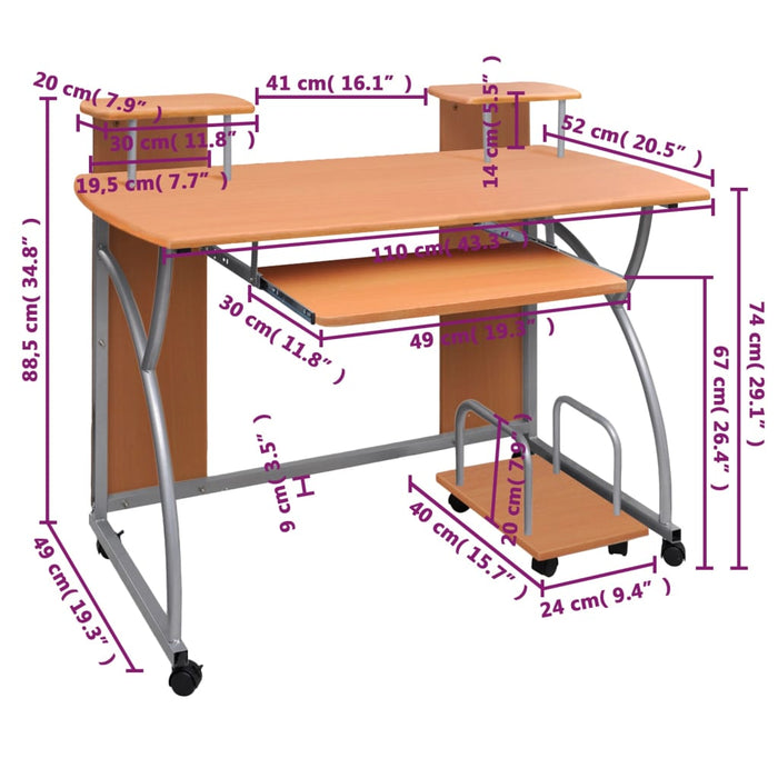 Computerbureau 110x52x88,5 cm bewerkt hout bruin