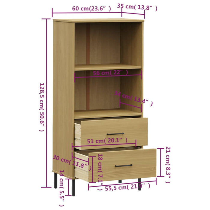 Boekenkast met 2 lades OSLO 60x35x128,5 cm massief hout bruin