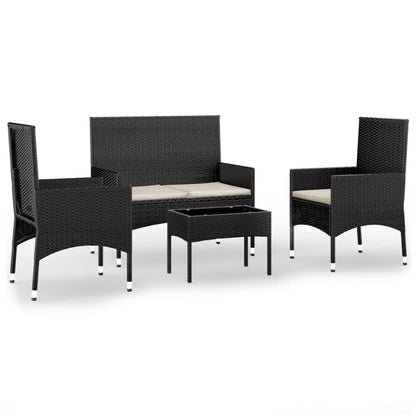 4-delige Loungeset met kussens poly rattan zwart