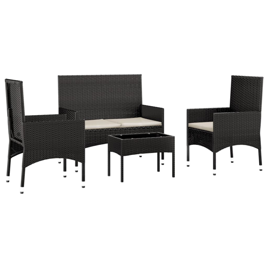 4-delige Loungeset met kussens poly rattan zwart