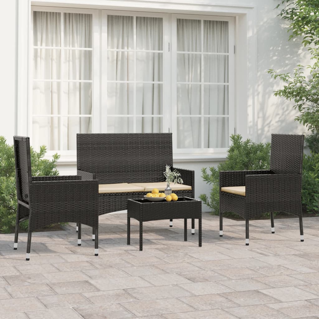 4-delige Loungeset met kussens poly rattan zwart