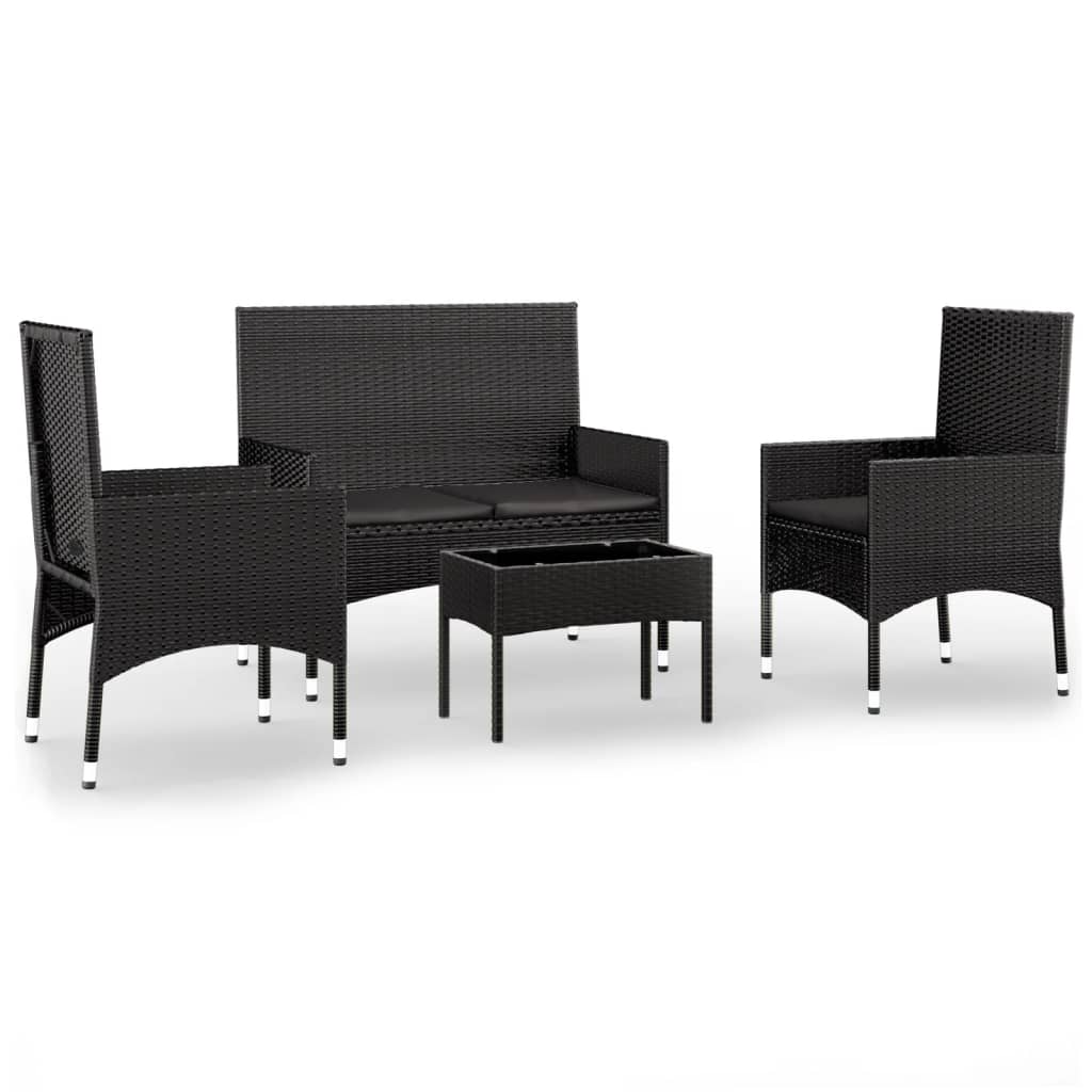 4-delige Loungeset met kussens poly rattan zwart