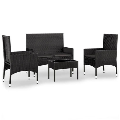 4-delige Loungeset met kussens poly rattan zwart