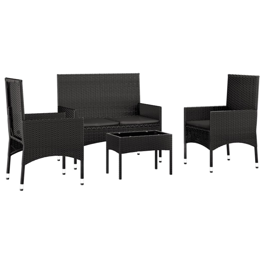 4-delige Loungeset met kussens poly rattan zwart