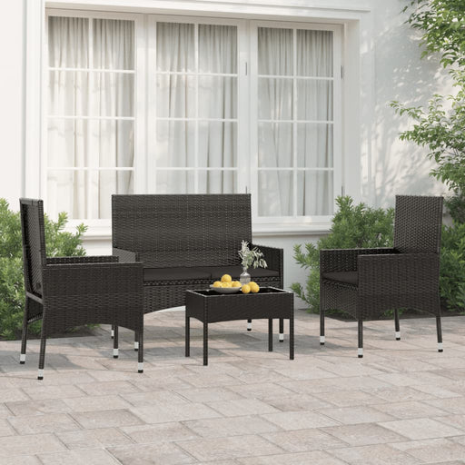 4-delige Loungeset met kussens poly rattan zwart