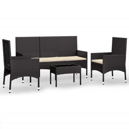 4-delige Loungeset met kussens poly rattan zwart