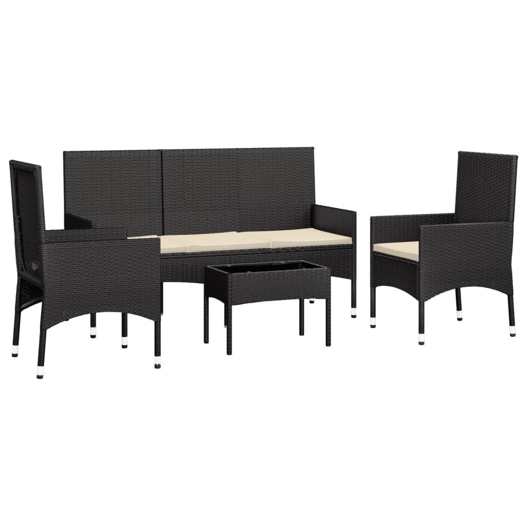 4-delige Loungeset met kussens poly rattan zwart