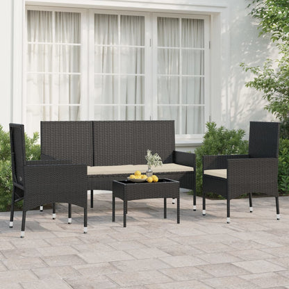 4-delige Loungeset met kussens poly rattan zwart