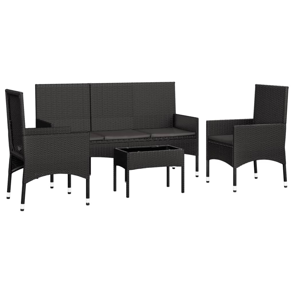 4-delige Loungeset met kussens poly rattan zwart