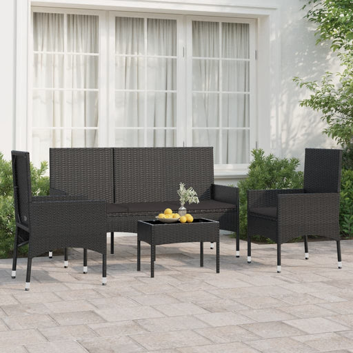 4-delige Loungeset met kussens poly rattan zwart