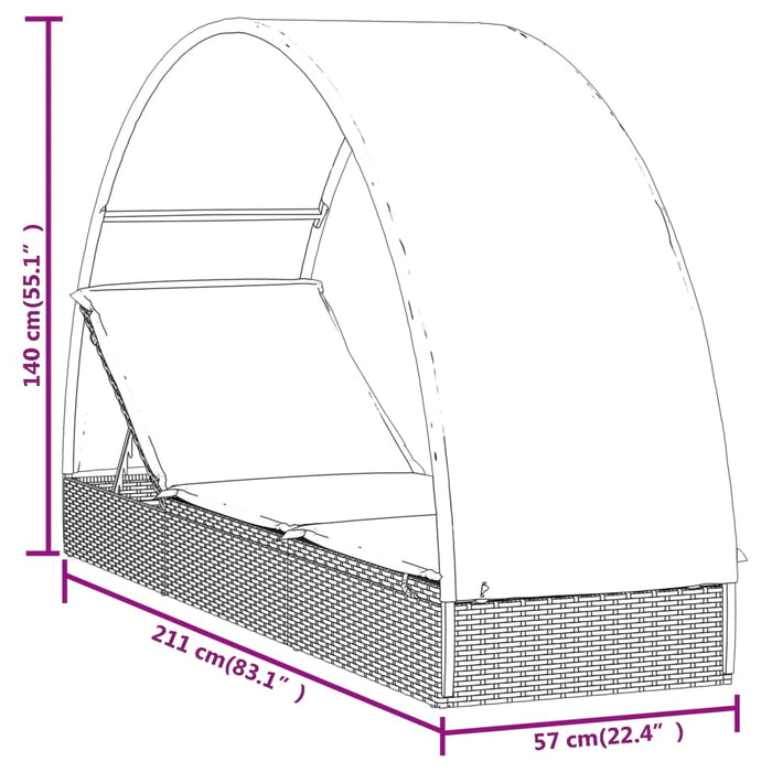 Ligbed met rond dak 211x57x140 cm poly rattan bruin