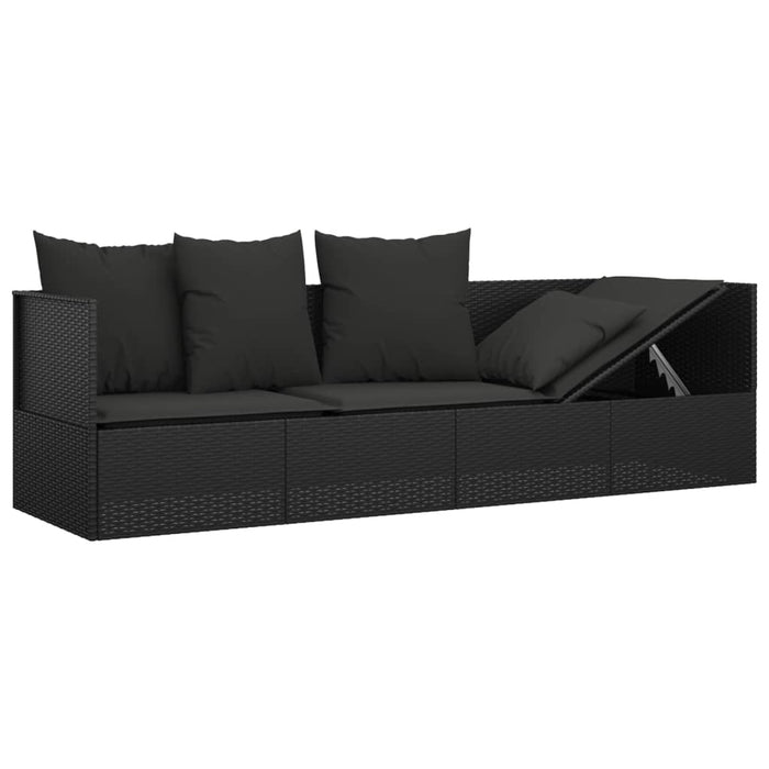 Loungebed met kussens poly rattan zwart