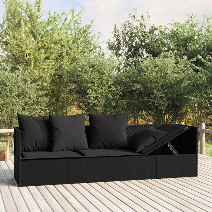 Loungebed met kussens poly rattan zwart