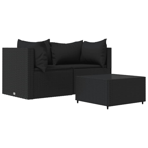 3-delige Loungeset met kussens poly rattan zwart