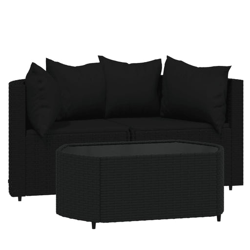 3-delige Loungeset met kussens poly rattan zwart