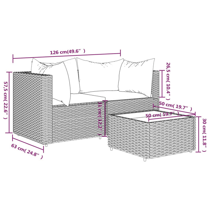 3-delige Loungeset met kussens poly rattan grijs