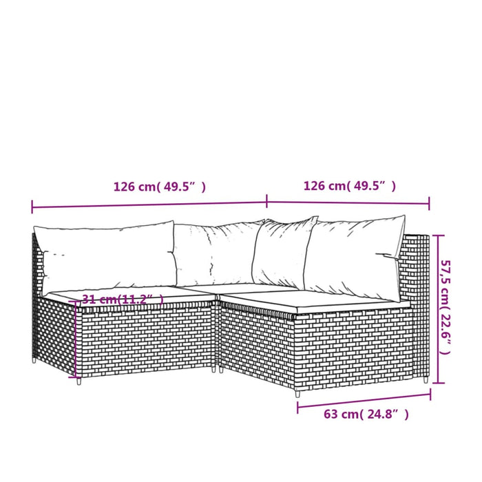 3-delige Loungeset met kussens poly rattan grijs