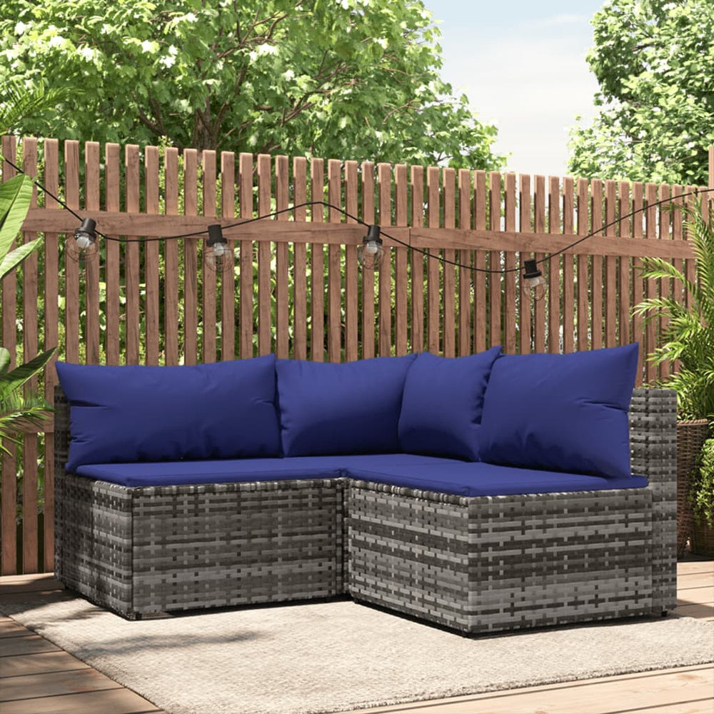 3-delige Loungeset met kussens poly rattan grijs