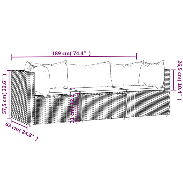 3-delige Loungeset met kussens poly rattan grijs