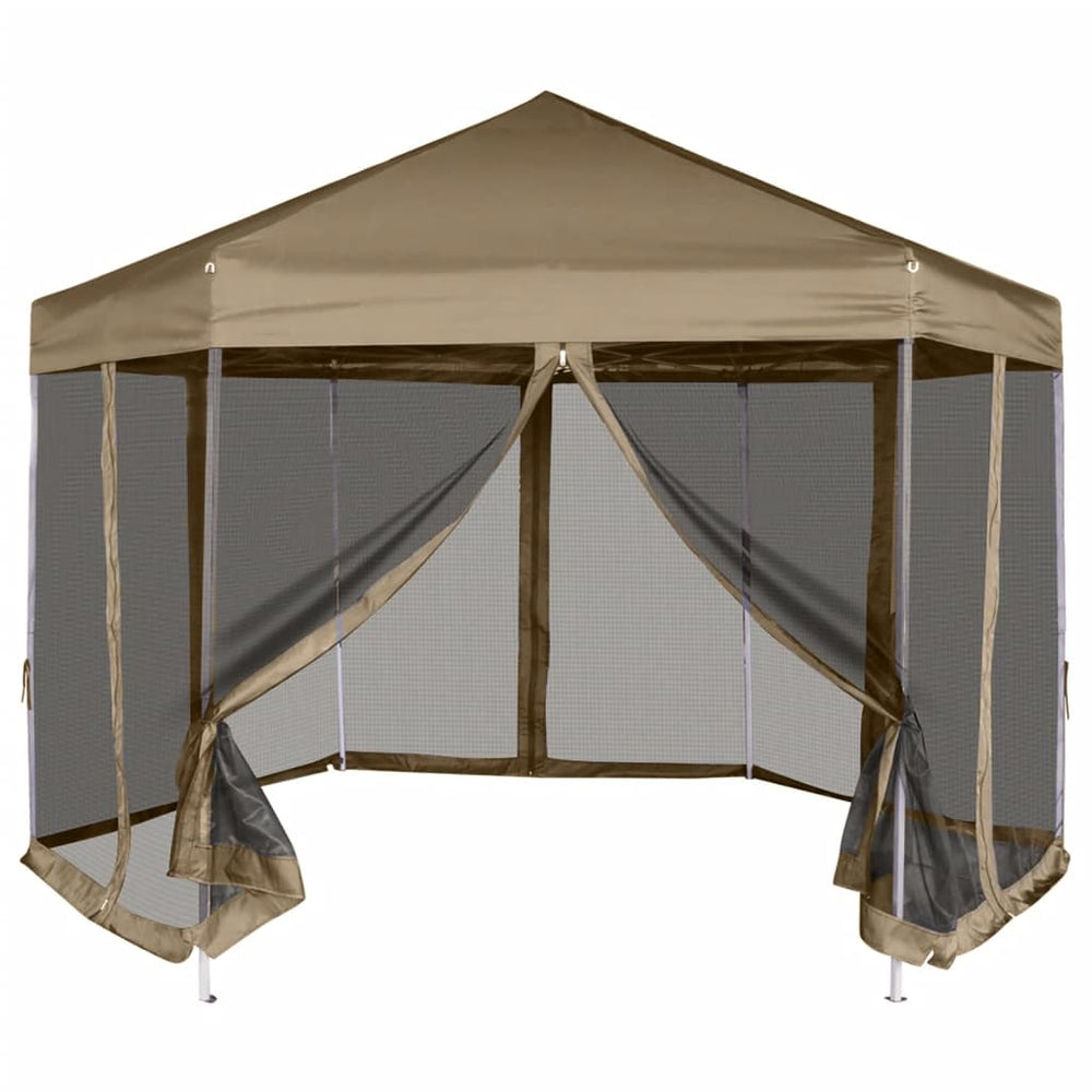 Partytent met wanden zeshoekig 3,6x3,1 m taupe 220 g/m²