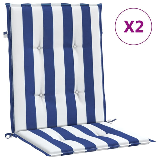 Stoelkussens 2 st lage rug gestreept stof wit en blauw