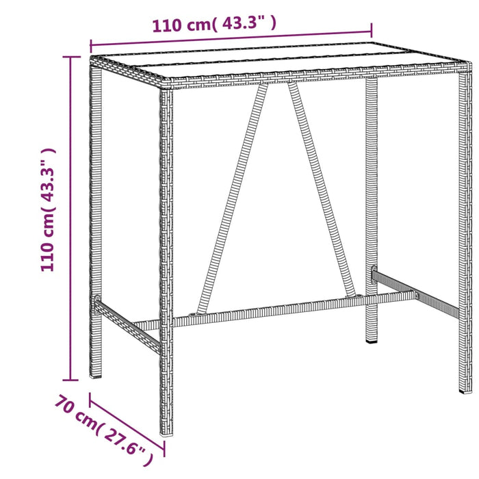 Bartafel met glazen blad 110x70x110 cm poly rattan bruin